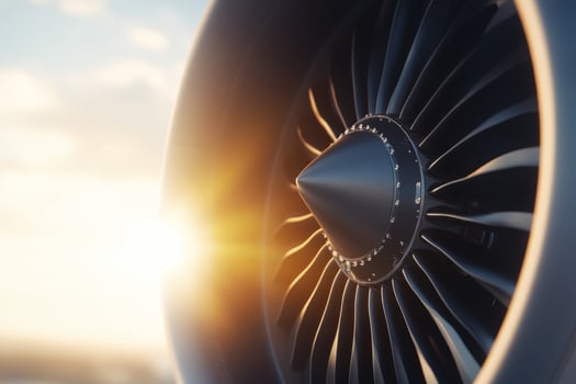 Detailed view of a jet engine turbine at sunrise highlighting aerodynamic design and technology in aviation photo