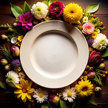 Elegant Dinner Plate Decorated with a Stunning Wreath of Colorful Flowers photo