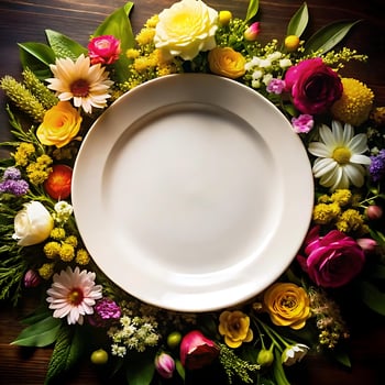 A white dinner plate is surrounded by a beautiful and colorful arrangement of various flowers and greenery photo