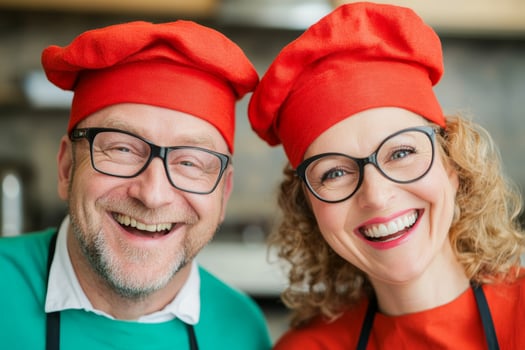 Chefs wearing colorful hats share smiles in a modern kitchen while preparing a delicious meal together photo