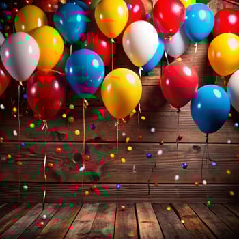 Colorful Balloons Floating Against Rustic Wooden Background Festive Birthday Party Decor photo