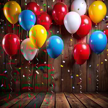 Colorful Balloons Against Rustic Wooden Background Party Celebration photo