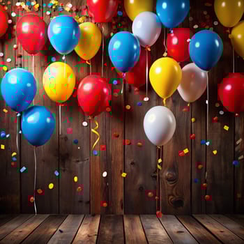 Colorful Balloons and Confetti Celebration Against Rustic Wooden Background photo