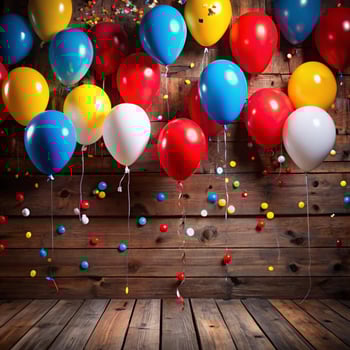 Colorful Balloons and Confetti Decorated Rustic Wooden Background for Birthday Party photo