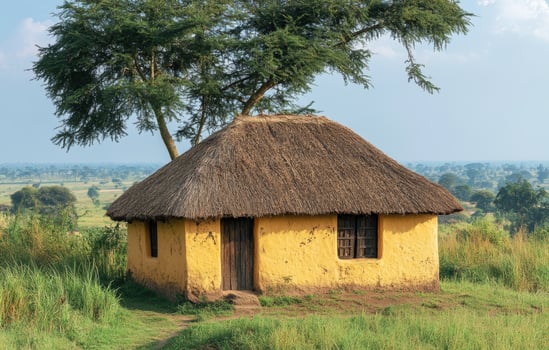 Traditional african thatch house in lush countryside landscape photo
