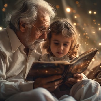 A loving elderly man reading a story to his young grandson, surrounded by a magical, twinkling atmosphere. photo