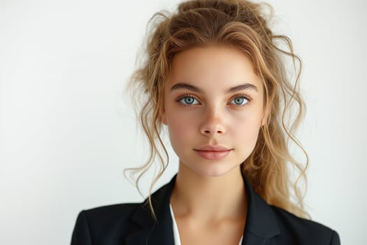A young Caucasian woman with captivating blue eyes poses confidently in a professional black blazer. photo