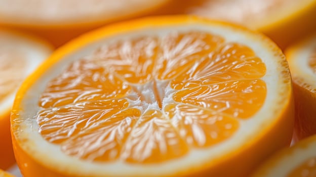 Close-up of a fresh, vibrant orange slice showcasing its juicy texture and bright color. photo
