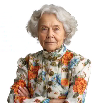 An elegant elderly woman with silver hair wearing a floral-patterned blouse, exuding wisdom and grace with a thoughtful expression. photo