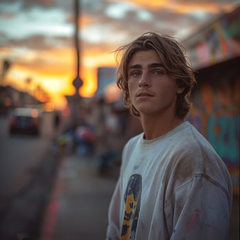 A young Caucasian male with tousled hair stands thoughtfully against a sunset backdrop, wearing a worn sweatshirt. photo