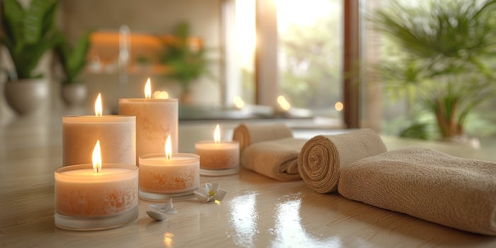 A serene spa setting featuring lit candles, soft towels, and greenery, creating a tranquil and relaxing atmosphere. photo