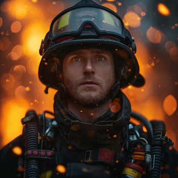 A male firefighter looks determined against a backdrop of flames and embers, showcasing bravery and resilience. photo
