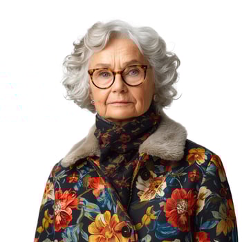 An elderly Caucasian woman with curly gray hair, wearing a floral-patterned coat with a fur collar, staring thoughtfully at the camera. photo