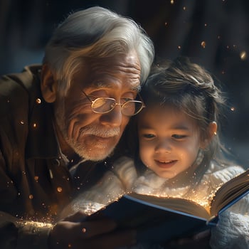 An elderly Asian man reads a storybook to a young girl, sharing a magical moment filled with wonder and joy. photo