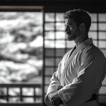 A contemplative Caucasian male in a traditional martial arts gi, exuding calmness and focus in a serene dojo setting. photo