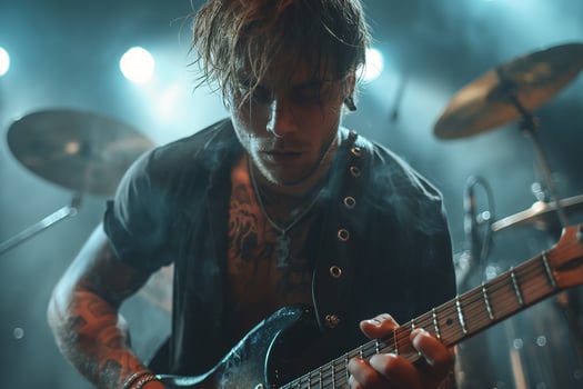 A passionate young Caucasian male guitarist performing on stage, immersed in music with dramatic lighting. photo