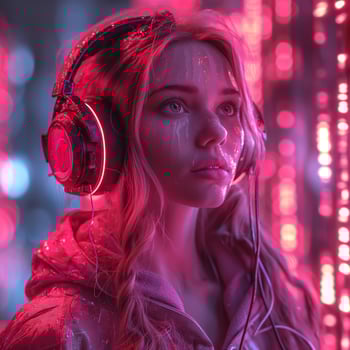 A young Caucasian woman with long hair wearing headphones, illuminated by vibrant pink and blue neon lights, conveying a futuristic atmosphere. photo