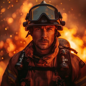 Brave male firefighter in protective gear stands resolute against a backdrop of flames and smoke. photo