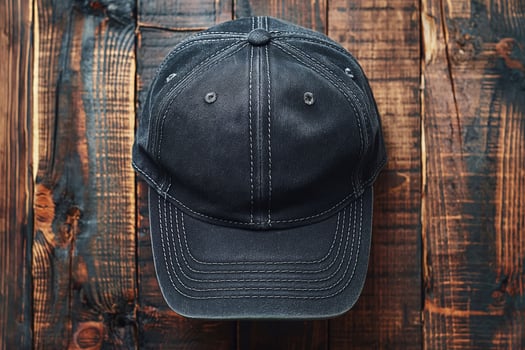 A close-up view of a worn black baseball cap on a rustic wooden surface. photo