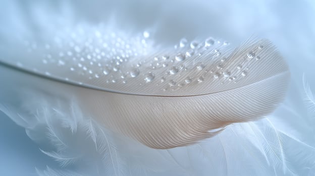 A delicate white feather adorned with glistening water droplets, showcasing nature's beauty in soft, serene tones. photo