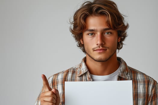 Young Caucasian man in a plaid shirt signaling with one finger while holding a blank sign. photo