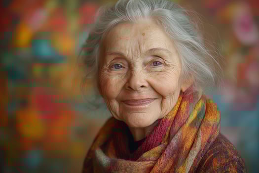 Elderly Caucasian woman with gray hair and a colorful scarf, smiling warmly against a vibrant background. photo