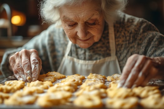 An elderly Caucasian woman carefully arranges freshly baked cookies on a tray, showcasing her experienced hands and joyful demeanor. photo