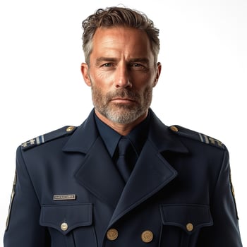 Confident male officer in a dark blue uniform, exuding authority and professionalism against a clean white background. photo