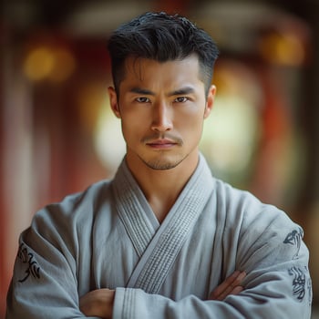 A focused Asian male in a traditional gray robe stands confidently, arms crossed, exuding strength and poise. photo