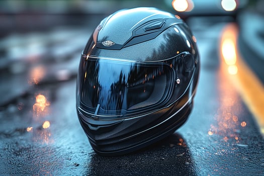 A sleek black motorcycle helmet resting on a wet road, reflecting vibrant lights from headlights in the background. photo