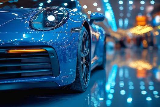 Close-up of a sleek blue sports car showcasing its glossy finish and modern design under vibrant showroom lights. photo