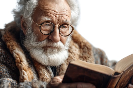 An elderly Caucasian man with a white beard reads intently from a book, showcasing wisdom and serenity in his expression. photo