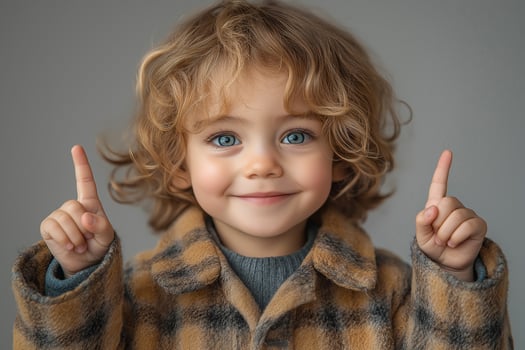 Young boy with curly hair smiles joyfully, raising his fingers in excitement against a soft gray background. photo