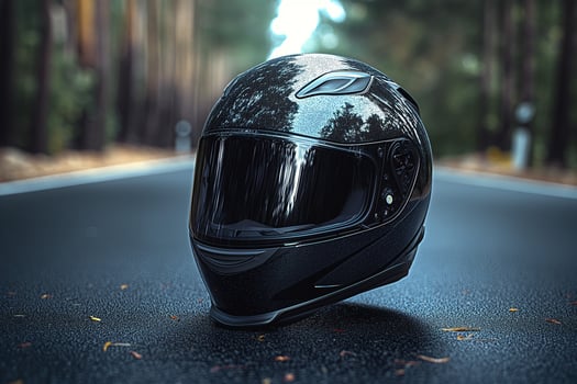 A sleek black motorcycle helmet placed on the road surrounded by trees, showcasing reflections and a glossy finish. photo