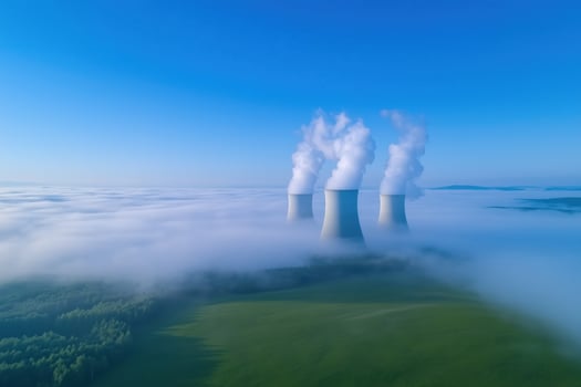 Cooling towers of nuclear power plant over the gog, aerial view photo