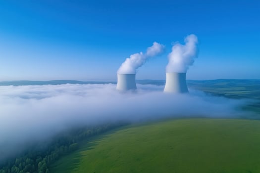 Nuclear power plant in the fog, aerial view photo