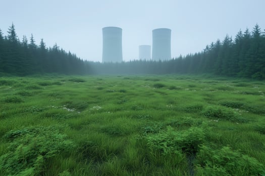 Nuclear power plant in foggy forest. photo