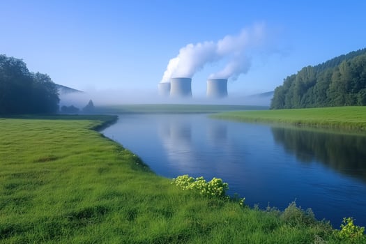Nuclear power plant in foggy morning, photo