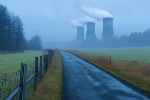 Nuclear power plant in the misty morning. Energy industry. photo