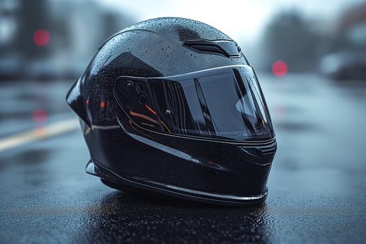 A sleek black motorcycle helmet resting on a rain-soaked street, reflecting vibrant city lights. photo