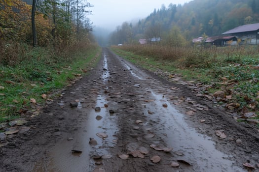 Rural road in the autumn foggy morning. photo