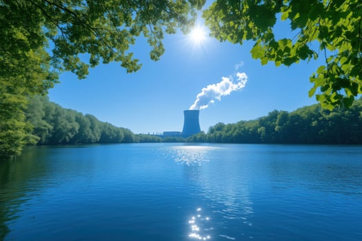 Nuclear power plant on the shore of the lake in the forest photo
