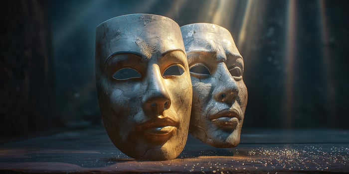 Two artistic masks in a dimly lit setting, showcasing intricate textures and metallic finishes. photo