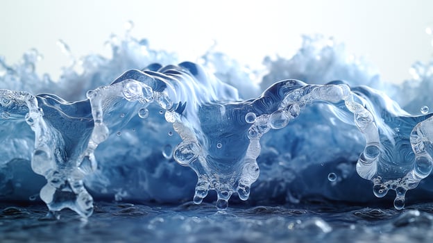 Close-up of dynamic water waves showcasing intricate details and bubbles, creating a soothing and refreshing aquatic ambiance. photo