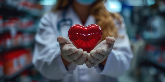 A female healthcare professional in a lab coat holds a red heart symbol, symbolizing care and compassion. photo