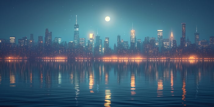 A stunning night view of a city skyline reflecting on calm waters under a full moon. photo