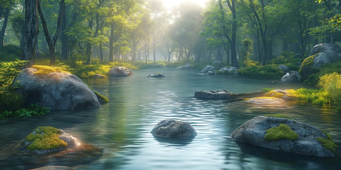 A serene river scene with sunlight filtering through lush green trees, reflecting off calm water and highlighting smooth stones. photo