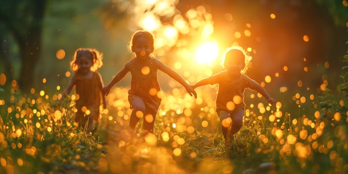 Three joyful young girls run hand-in-hand through a sunlit field, capturing the essence of childhood and play. photo