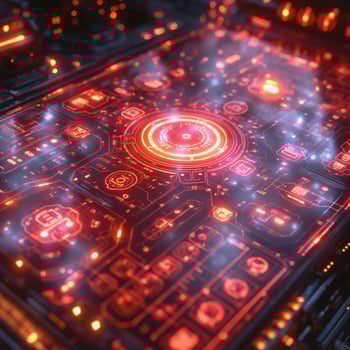A futuristic digital interface illuminated in vibrant red tones, showcasing intricate circuit patterns and glowing details. photo