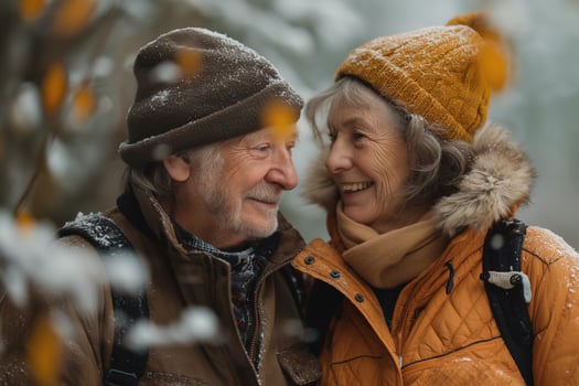 An elderly couple enjoying a snowy winter day, sharing a joyful moment in nature. photo